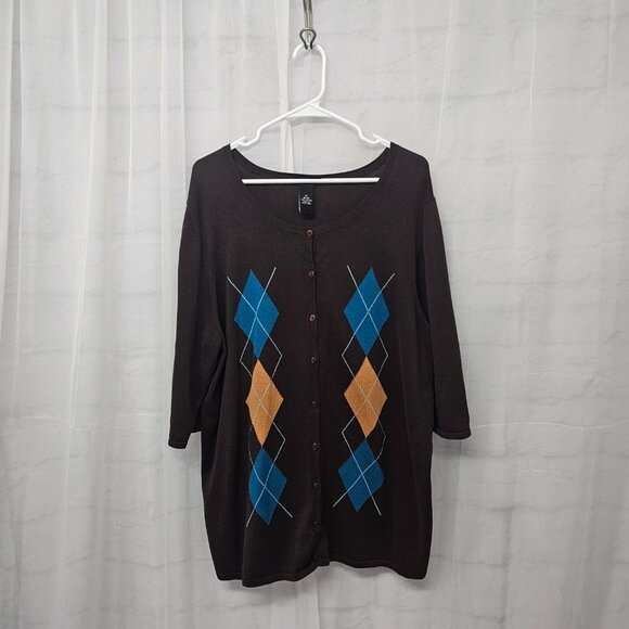 Vintage Maggie Barnes Brown Argyle Cardigan Knit Preppy Office Classic Cotton 1X - Picture 8 of 12
